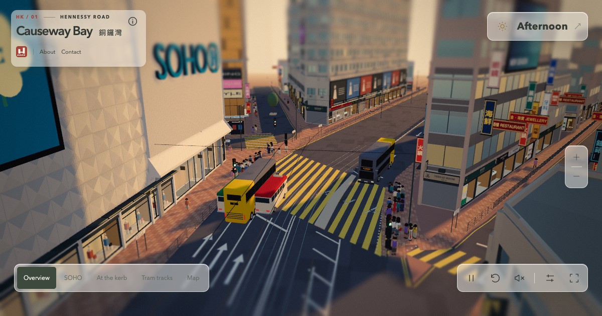 Stylised Causeway Bay buildings, trams and pedestrians in the Animated HK browser scene